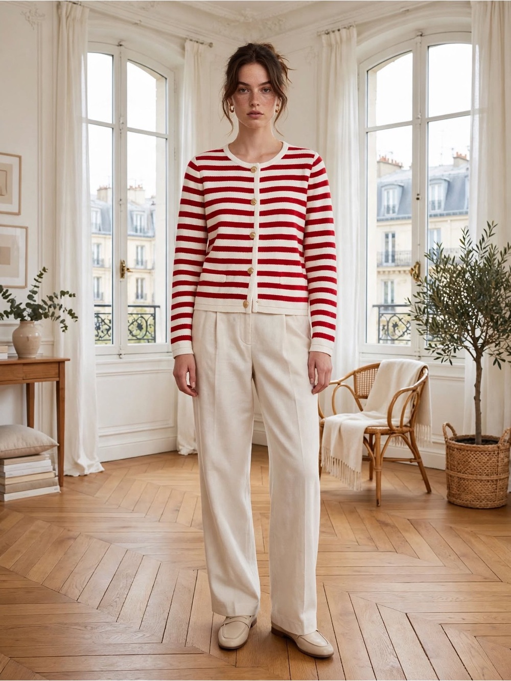 Striped Red & White Knit Button Cardigan - Picture 2 of 13
